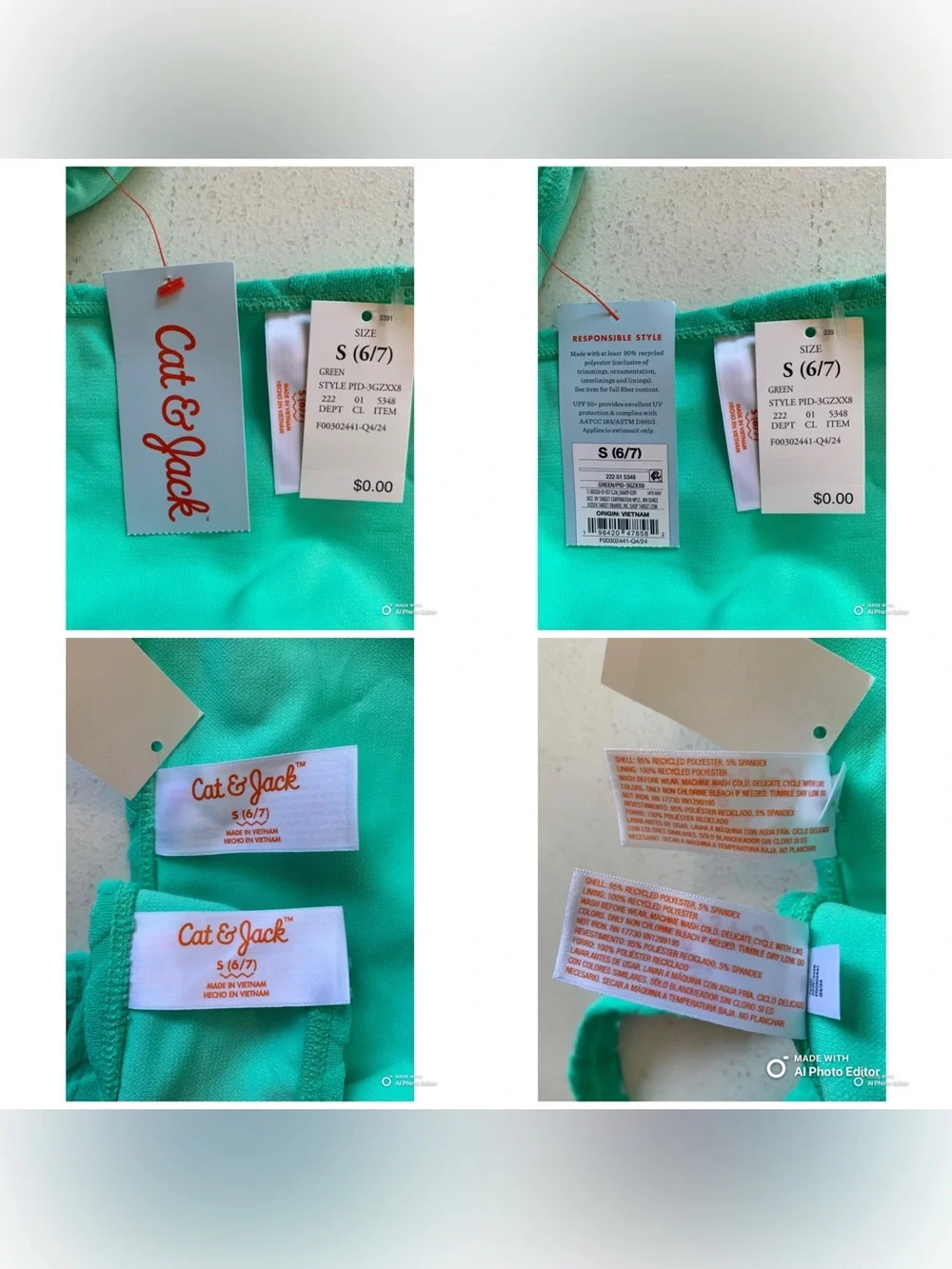 Cat & Jack Girl’s Green Textured Bikini Set Swimsuit Size Small NWT Seashell